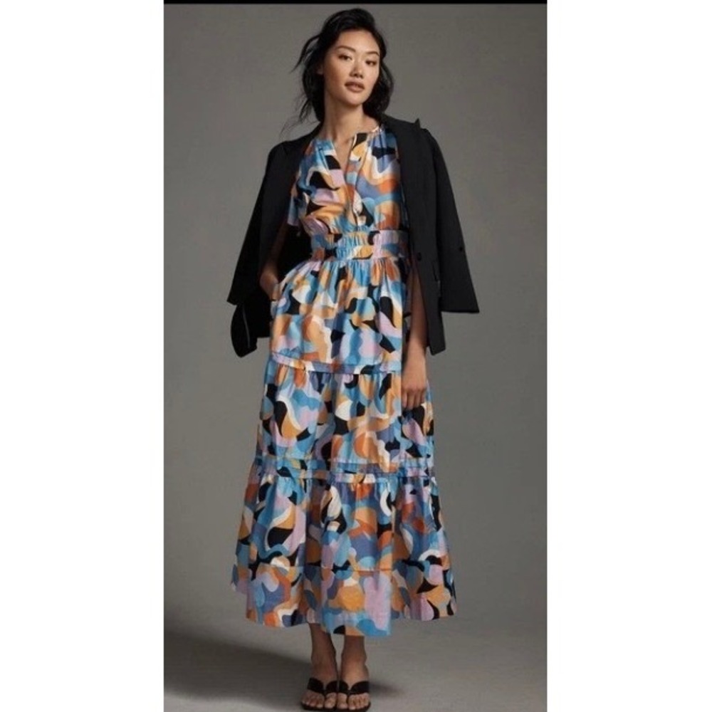 Anthropologie Abstract Print Tiered Midi Dress Blue Orange Smocked V-Neck L